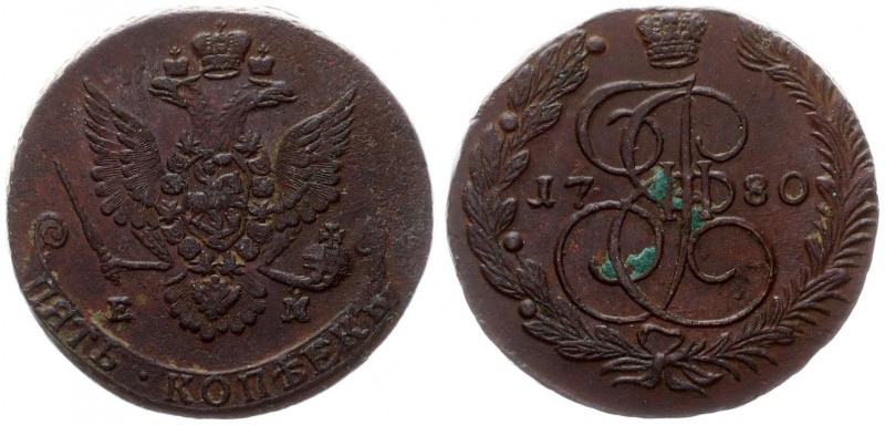 Russia 5 Kopecks 1780 ЕМ Catherine II (1762-1796). Averse: Crowned monogram divi...