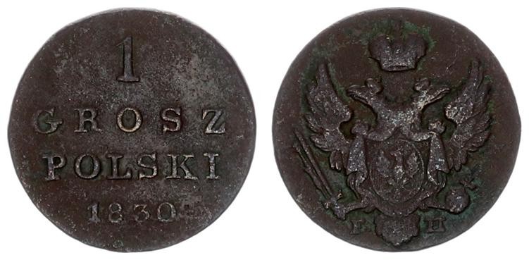 Russia for Poland 1 Grosz 1830 FH Warszaw. Nicholas I (1826-1855). Averse: Crown...