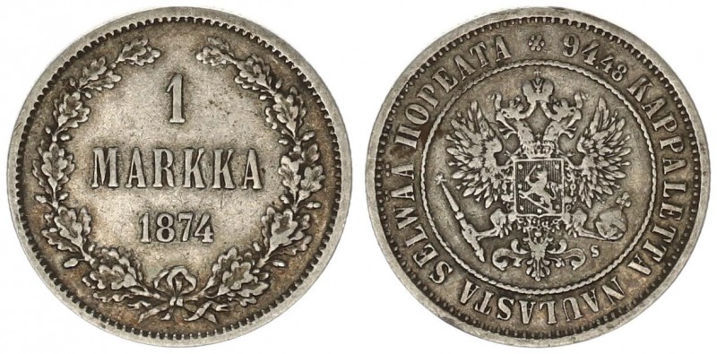 Russia for Finland 1 Markka 1874 S. Alexander II (1854-1881). Av: Crowned imperi...