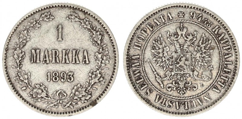 Russia for Finland 1 Markka 1893 L . Alexander III (1881-1894) Av: Crowned imper...