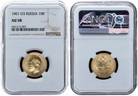 Russia 10 Rubles 1901. Ф3. Nicholai II (1894-1917). NGC AU 58. Gold. Bitkin# 8