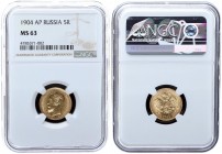 Russia 5 Roubles 1904. АP. Nicholai II (1894-1917). NGC MS 63. Gold. Bitkin# 31