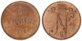 Russia for Finland 5 Pennia 1916. Nicholas II (1894-1917). Av: Crowned monogram. Rv: Denomination and date. Edge plain. Copper. Bit. 456