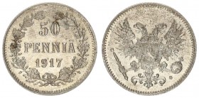 Russia for Finland 50 Pennia 1917 S . Nicholas II (1894-1917). Av: Imperial double eagle with scepter and orb. Rv: Denomination and date within wreath...