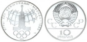 Russia USSR 10 Roubles 1977(l) 1980 Olympics. Averse: National arms divide CCCP with value below. Reverse: Map of USSR back of design above rings. Sil...