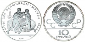Russia USSR 10 Roubles 1979 (l) 1980 Olympics. Averse: National arms divide CCCP with value below. Reverse: Boxing. Silver. Y170