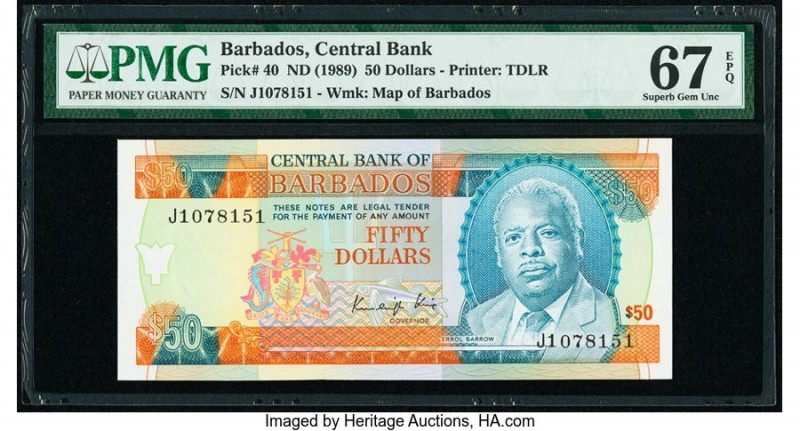 Barbados Central Bank 50 Dollars ND (1989) Pick 40 PMG Superb Gem Unc 67 EPQ. 

...