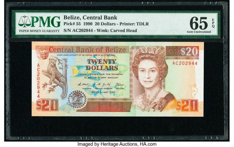 Belize Central Bank 20 Dollars 1.5.1990 Pick 55 PMG Gem Uncirculated 65 EPQ. 

H...