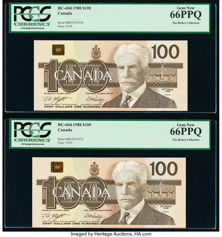Canada Bank of Canada $100 1988 Pick 99d BC-60d Two Consecutive Examples PCGS Ge...