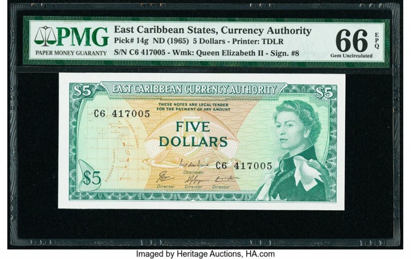 East Caribbean States Currency Authority 5 Dollars ND (1965) Pick 14g PMG Gem Un...