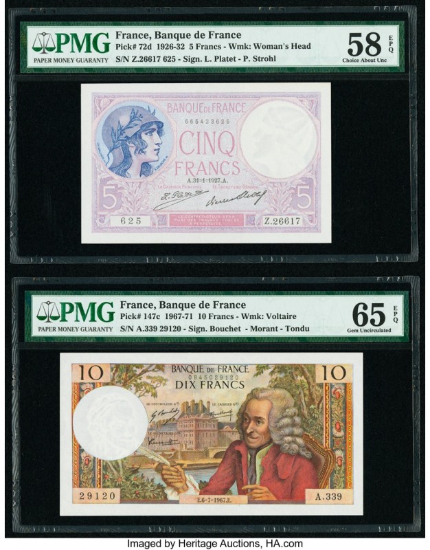 France Banque de France 5; 10 Francs 31.1.1927; 6.7.1967 Pick 72d; 147c PMG Choi...