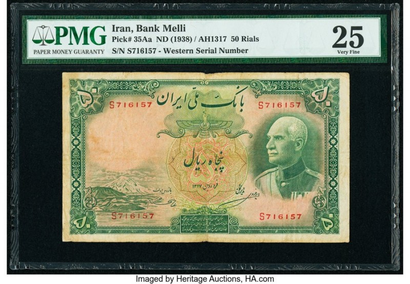 Iran Bank Melli 50 Rials ND (1938) / AH1317 Pick 35Aa PMG Very Fine 25. 

HID098...