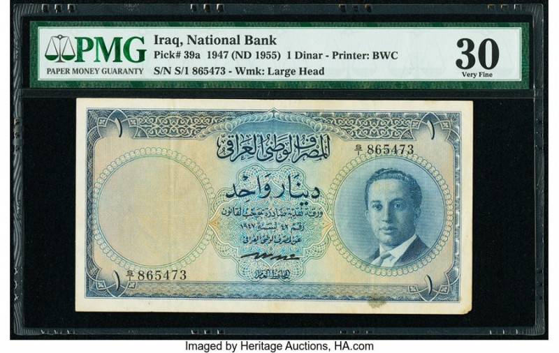 Iraq National Bank of Iraq 1 Dinar 1947 (ND 1955) Pick 39a PMG Very Fine 30. 

H...