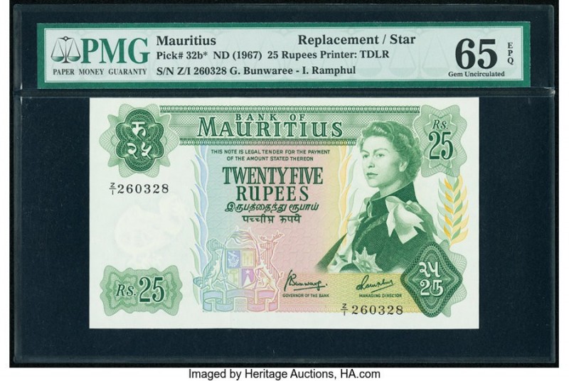 Mauritius Bank of Mauritius 25 Rupees ND (1967) Pick 32b* Replacement PMG Gem Un...