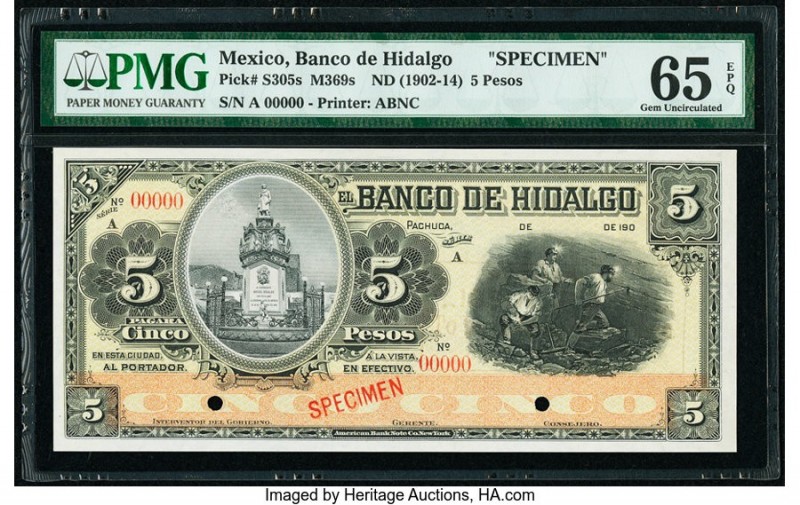 Mexico Banco De Hidalgo 5 Pesos ND (1902-14) Pick S305s M369s Specimen PMG Gem U...