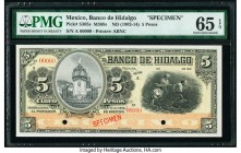 Mexico Banco De Hidalgo 5 Pesos ND (1902-14) Pick S305s M369s Specimen PMG Gem Uncirculated 65 EPQ. Two POCs; printer's stamp; red Specimen overprint....