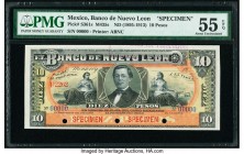 Mexico Banco de Nuevo Leon 10 Pesos ND (1895-1913) Pick S361s M435s Specimen PMG About Uncirculated 55 EPQ. Three POCs; red Specimen overprints; print...