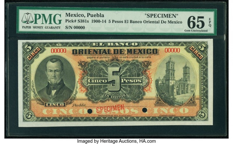 Mexico Banco Oriental 5 Pesos ND (1900-14) Pick S381s M460s Specimen PMG Gem Unc...