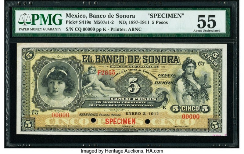 Mexico Banco de Sonora 5 Pesos 2.1.1911 Pick S419s M507s Specimen PMG About Unci...
