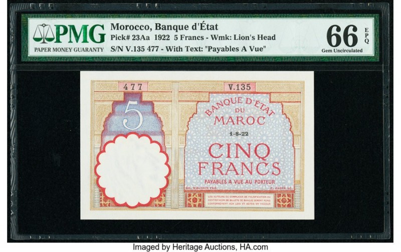 Morocco Banque d'Etat du Maroc 5 Francs 1922 Pick 23Aa PMG Gem Uncirculated 66 E...