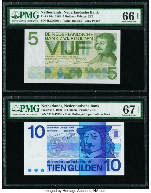 Netherlands Nederlandsche Bank 5; 10 Gulden 26.4.1966; 25.4.1968 Pick 90a; 91b T...