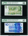 Netherlands Nederlandsche Bank 5; 10 Gulden 26.4.1966; 25.4.1968 Pick 90a; 91b Two Examples PMG Gem Uncirculated 66 EPQ; Superb Gem Unc 67 EPQ. 

HID0...