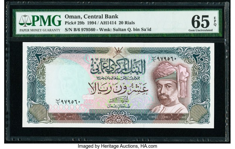 Oman Central Bank of Oman 20 Rials 1994 / AH1414 Pick 29b PMG Gem Uncirculated 6...
