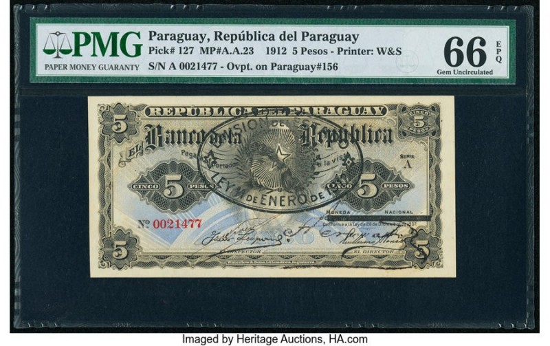 Paraguay Republica del Paraguay 5 Pesos 26.12.1907 (1912) Pick 127 PMG Gem Uncir...