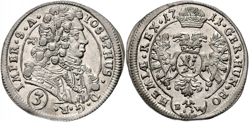 JOSEPH I&nbsp;
3 Kreuzer, 1711, Kutná Hora, 1,83g, Her. 213&nbsp;

about UNC ...