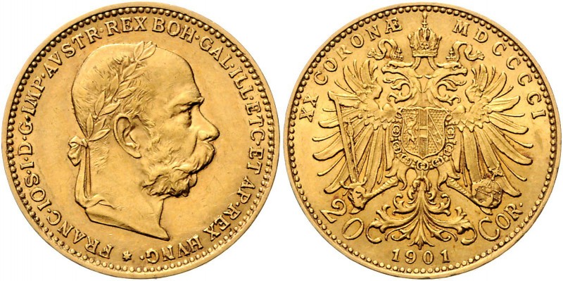 FRANZ JOSEPH I&nbsp;
20 Corona, 1901, Wien, 6,77g, Früh. 1933&nbsp;

EF | EF