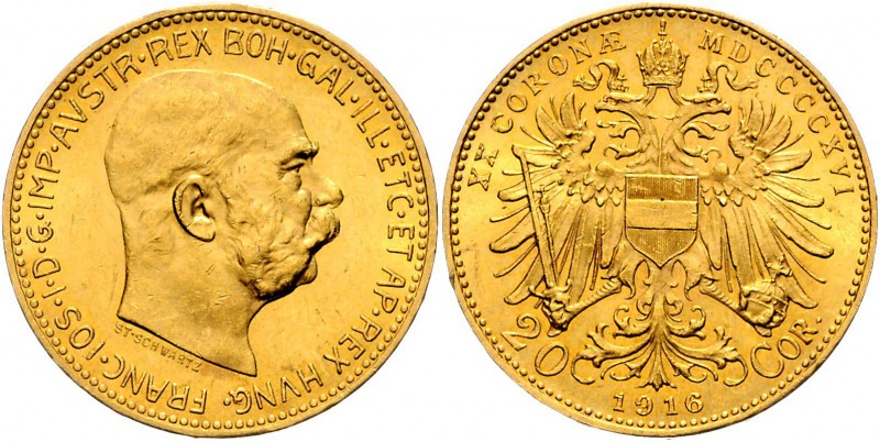 FRANZ JOSEPH I&nbsp;
20 Corona New emblem, 1916, Wien, 6,78g, Früh. 1947&nbsp;...