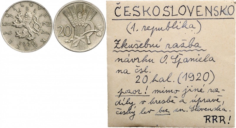 20 Haleru pattern coin, historical handwritten description of the coin , 1920, K...