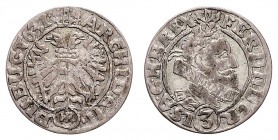 FERDINAND II (1619 - 1637)&nbsp;
3 Kreuzer, 1631, Vratislav, 1,54g, Her. 1290&nbsp;

VF | VF