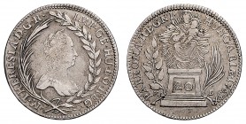 MARIA THERESA (1740 - 1780)&nbsp;
20 Kreuzer, 1763, KB, 6,22g, Her. 969&nbsp;

about EF | about EF