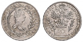 MARIA THERESA (1740 - 1780)&nbsp;
20 Kreuzer, 1763, 6,55g, Her. 840&nbsp;

about VF | VF