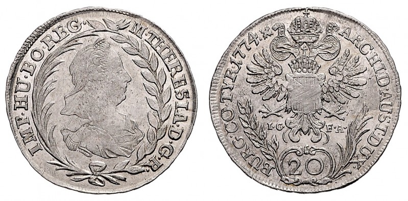MARIA THERESA (1740 - 1780)&nbsp;
20 Kreuzer, 1774, I.C.F.A., 6,54g, Her. 856&n...