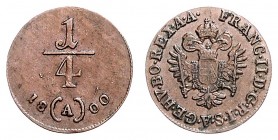 FRANCIS II / I (1972 - 1806 - 1835)&nbsp;
1/4 Kreuzer, 1800, A, 0,92g, Her. 1120&nbsp;

EF | EF