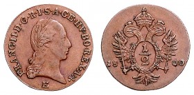 FRANCIS II / I (1972 - 1806 - 1835)&nbsp;
1/2 Kreuzer, 1800, E, 2,23g, Her. 1095&nbsp;

EF | EF