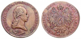 FRANCIS II / I (1972 - 1806 - 1835)&nbsp;
6 Kreuzer, 1800, C, 11,3g, Her. 1031&nbsp;

about UNC | UNC