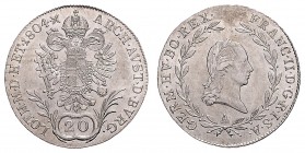 FRANCIS II / I (1972 - 1806 - 1835)&nbsp;
20 Kreuzer, 1804, A, 6,58g, Her. 631&nbsp;

about UNC | UNC