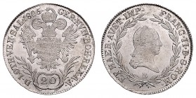 FRANCIS II / I (1972 - 1806 - 1835)&nbsp;
20 Kreuzer, 1805, B, 6,64g, Her. 682&nbsp;

about UNC | UNC