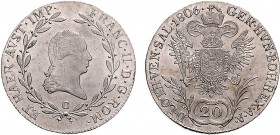 FRANCIS II / I (1972 - 1806 - 1835)&nbsp;
20 Kreuzer, 1806, C, 6,56g, Früh. 272&nbsp;

UNC | UNC , RR!