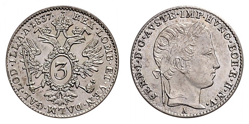 FERDINAND V / I (1835 - 1848)&nbsp;
3 Kreuzer, 1837, A, 1,67g, Früh. 890&nbsp;...