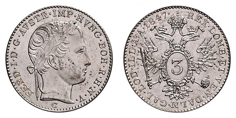 FERDINAND V / I (1835 - 1848)&nbsp;
3 Kreuzer, 1847, C, 1,72g, Früh. 915&nbsp;...