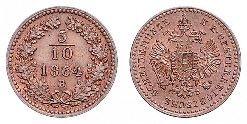 FRANZ JOSEPH I (1848 - 1916)&nbsp;
5/10 Kreuzer, 1864, B, 1,68g, Früh. 1697&nbs...