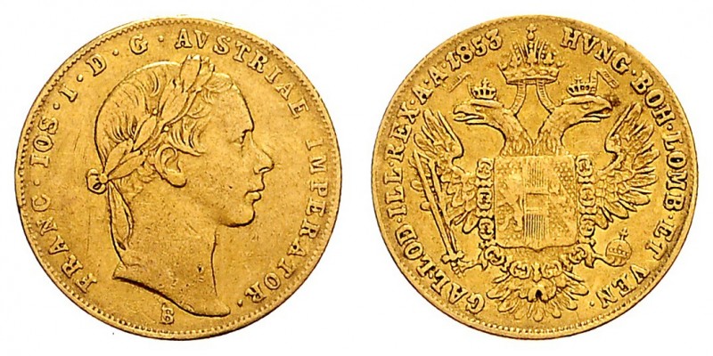 FRANZ JOSEPH I (1848 - 1916)&nbsp;
1 Ducat, 1853, B, 3,43g, Früh. 1167&nbsp;
...