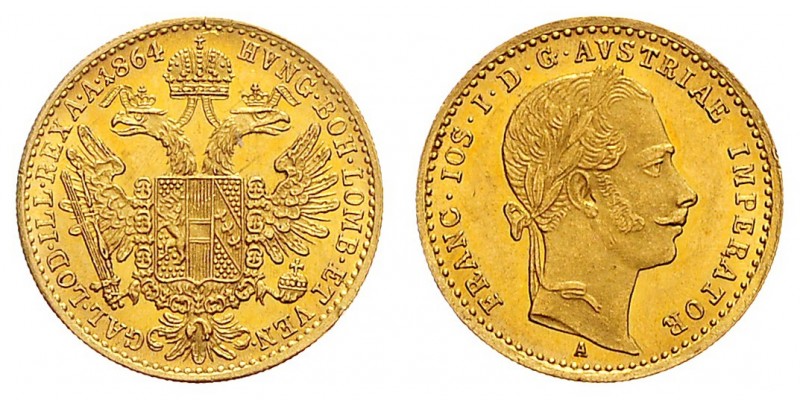 FRANZ JOSEPH I (1848 - 1916)&nbsp;
1 Ducat, 1864, A, 3,5g, Früh. 1211&nbsp;

...