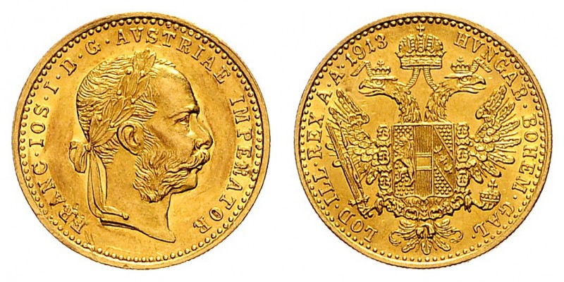 FRANZ JOSEPH I (1848 - 1916)&nbsp;
1 Ducat, 1913, 3,48g, Früh. 1272&nbsp;

EF...