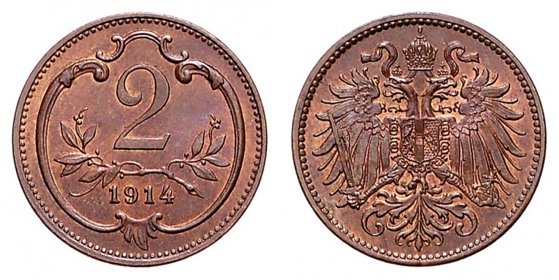 FRANZ JOSEPH I (1848 - 1916)&nbsp;
2 Heller, 1914, 3,3g, Früh. 2030&nbsp;

UN...