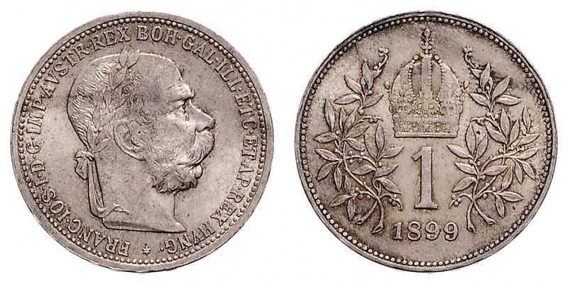 FRANZ JOSEPH I (1848 - 1916)&nbsp;
1 Corona, 1899, 4,97g, Früh. 1972&nbsp;

U...